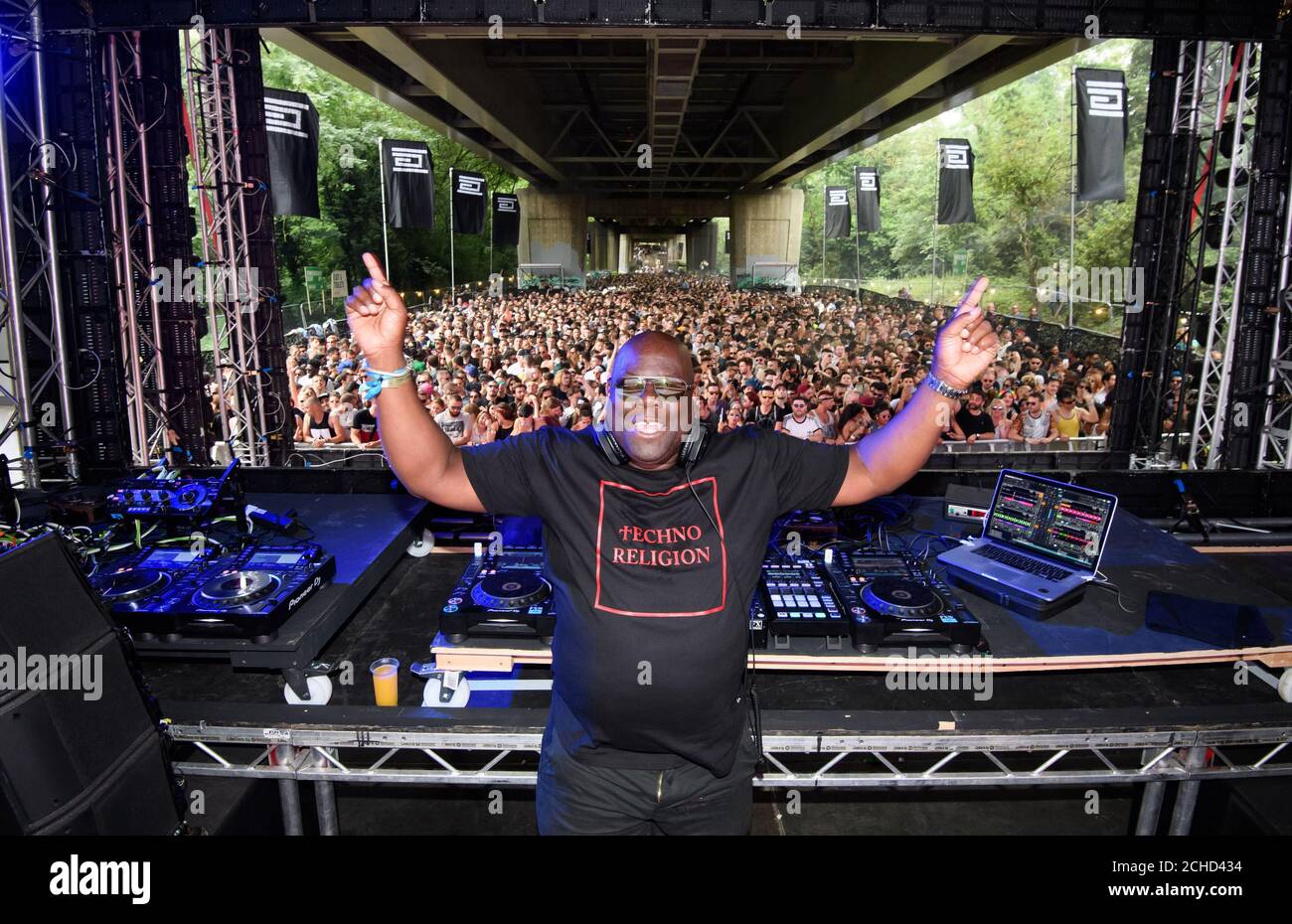 EDITORIAL USE ONLY Techno DJ Carl Cox performs at 'Junction 2' electronic music day festival in Londons Boston Manor Park. Stock Photo