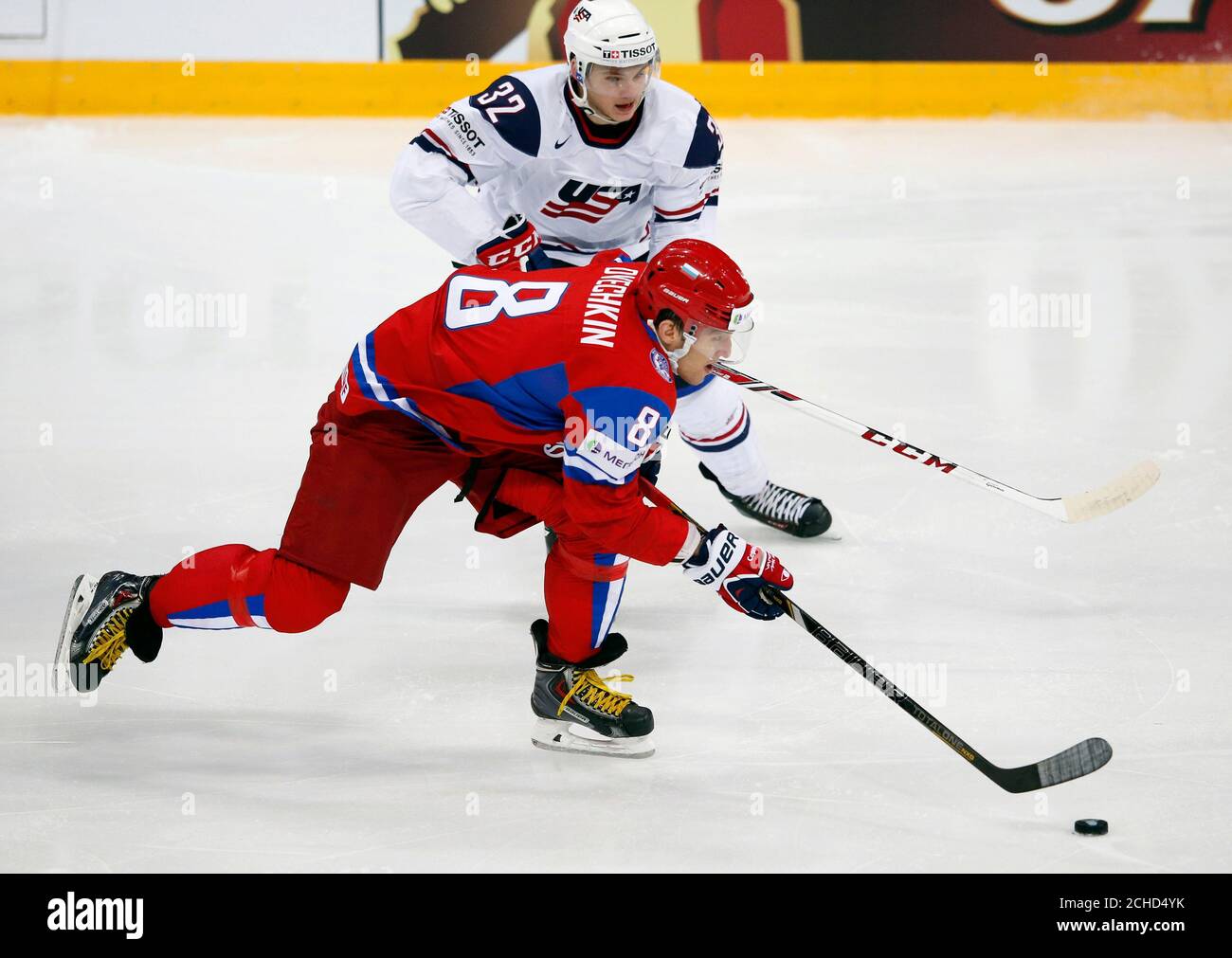 Russia S Alexander Ovechkin Front Fights For The Puck With Team Usa S Alex Galchenyuk During Their 2013 Iihf Ice Hockey World Championship Quarter Final Match At The Hartwall Arena In Helsinki May 16 2013