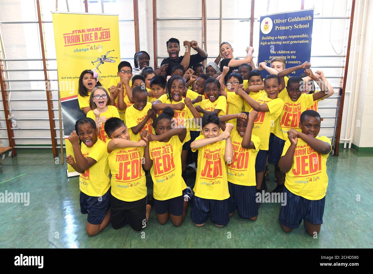 John Boyega visits his old primary school, Oliver Goldsmith Primary School in London, alongside British taekwondo double Olympic gold medalist Jade Jones to support the new Change4Life Train Like A Jedi programme from Public Health England and Disney UK, which is designed to tackle low levels of physical activity amongst children in England. Stock Photo