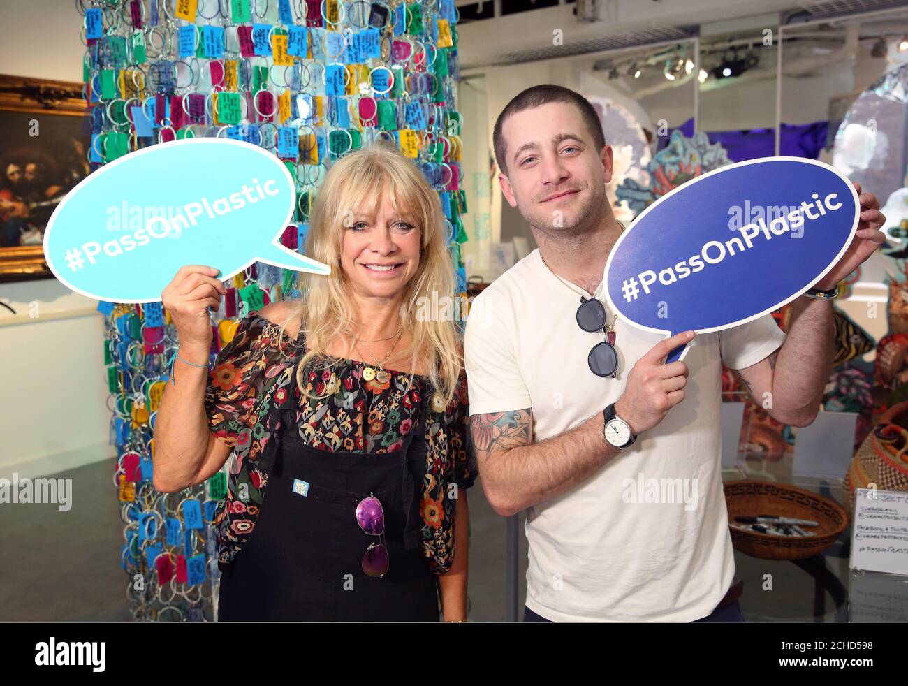 Jo Wood and Tyrone Wood attends the wrap party of the Pass On Plastic Experience, an immersive ocean pop-up hosted by leading marine conservation organisations Project 0 and Sky Ocean Rescue, which aims to inspire people to make everyday changes to help stop the ocean from drowning in plastic, on London's Carnaby Street. Stock Photo