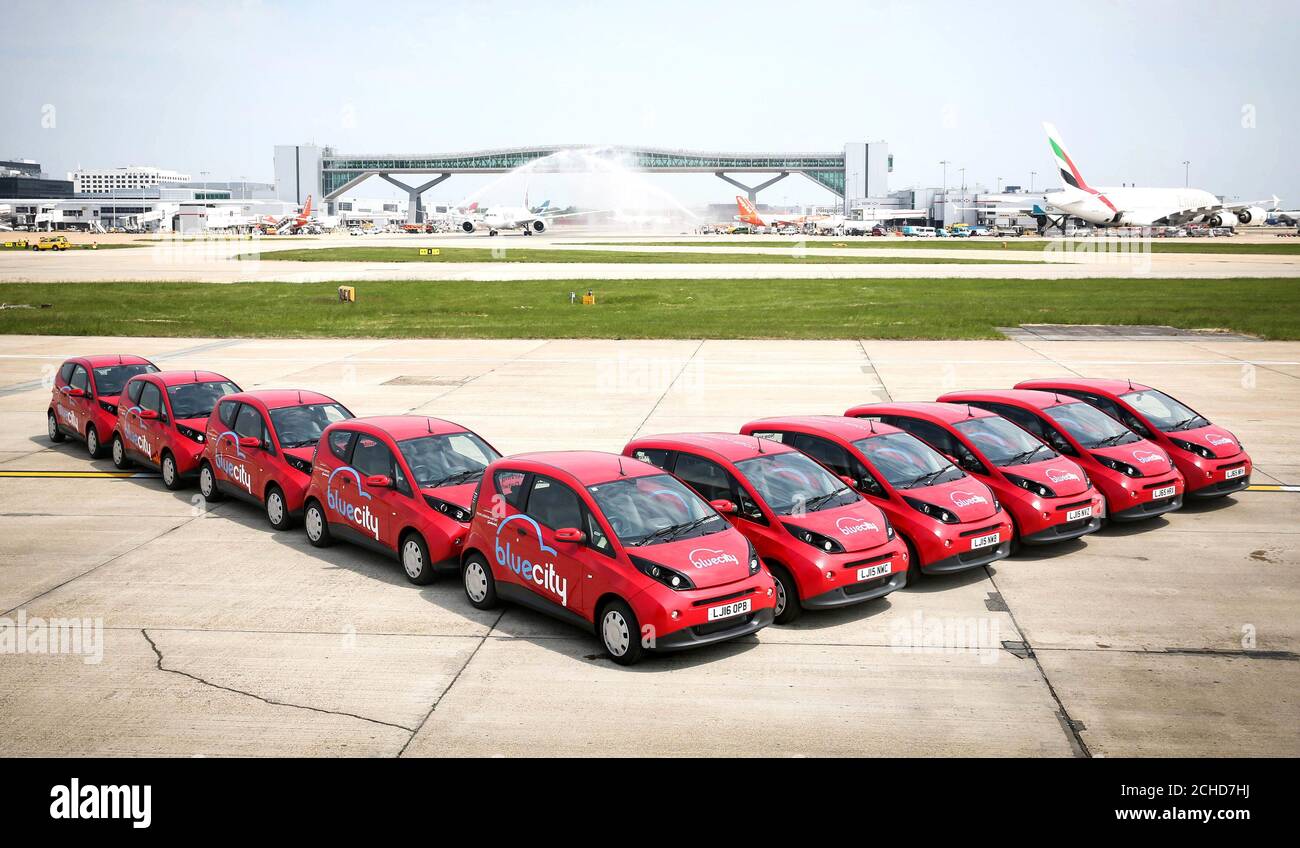 EDITORIAL USE ONLY Ten electric cars at Gatwick South Terminal as Bluecity launch their zero emissions car sharing scheme &Atilde; a first for a UK airport. Stock Photo