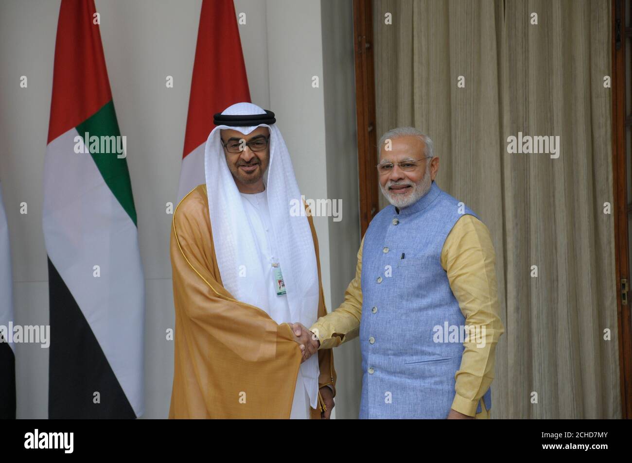 Indian Prime Minister Narendra Modi greets Crown Prince of Abu Dhabi  Sheikh Mohammed bin Zayed Al Nahyan at Hydrabad House in New Delhi, Wednesday, J Stock Photo
