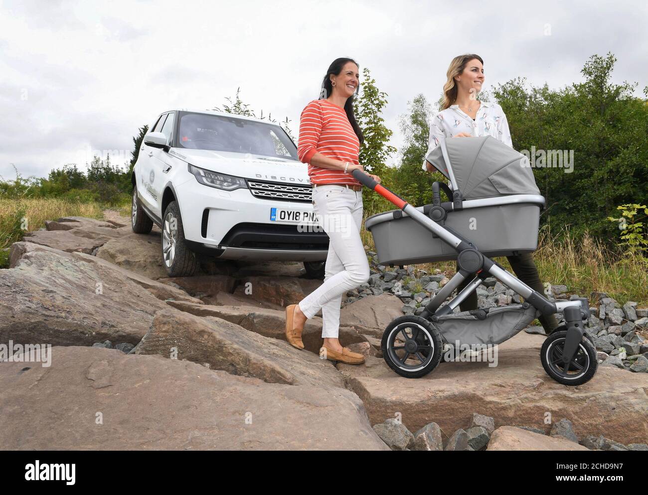 Amy Williams (right) and sailor Hannah White attend the launch of the first  iCandy and Land Rover co-designed all-terrain pushchair, which has been  presented at the VIP Land Rover hand-over centre in