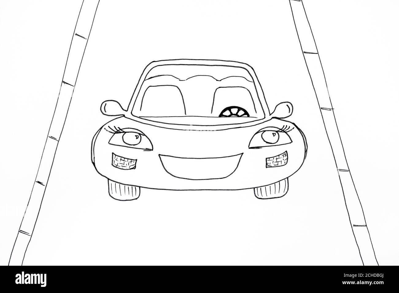 Car on a road. Black and white. Hand drawing made by black pen Stock