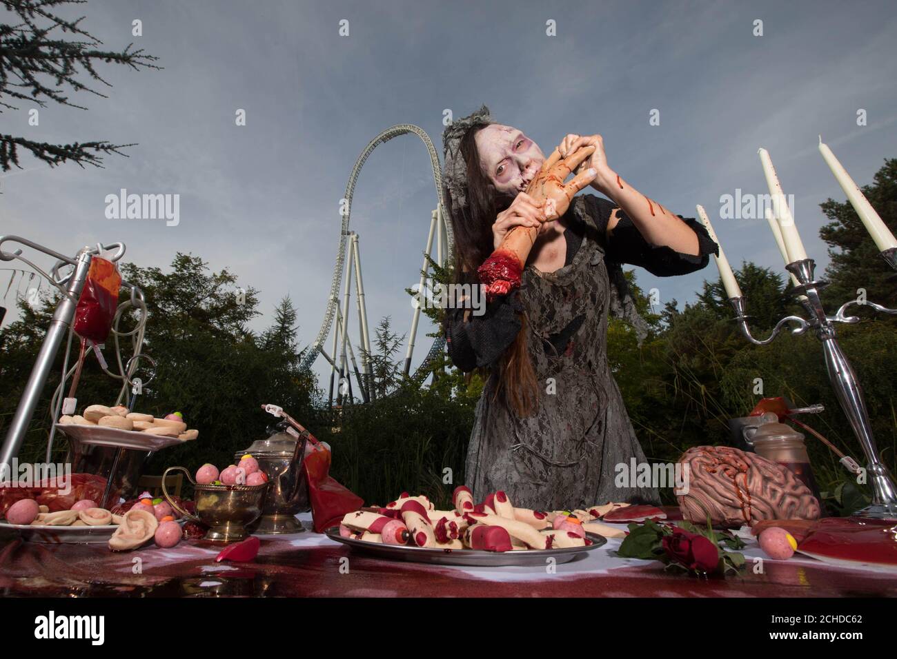 Hollyoaks actress Jennifer Metcalfe dresses as a 'zombie' for a gory feast at THORPE PARK Resort, Chertsey to mark the arrival of six new live action scare mazes and horror zones for this year's FRIGHT NIGHTS season. Stock Photo