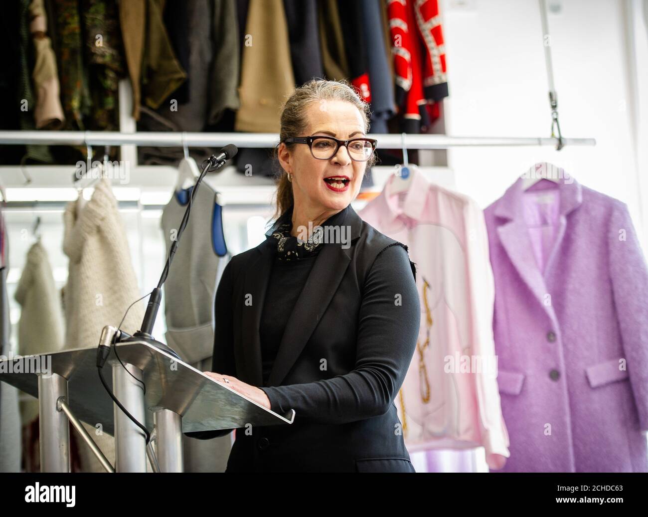EDITORIAL USE ONLY Professor Frances Corner, OBE, Head of London College of Fashion, UAL, speaks at the launch of the Fashion District, which is a new hub for fashion innovation that aims to return world-leading fashion manufacturing and design to the east end, held at Christopher Raeburn&Otilde;s studio in London. Stock Photo