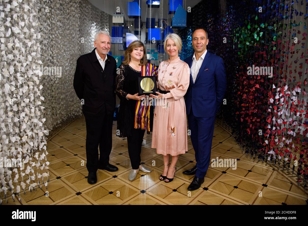 (left to right) Sir John Sorrell, President of London Biennale, Cecilia Santamarina de orive from Guatemala the winner of the London Design Biennale 2018 Public Medal, Justine Simons, Deputy Mayor for Culture and the Creative Industries and Sumantro Ghose, Managing Director London Design Biennale, at Somerset House, London. Stock Photo