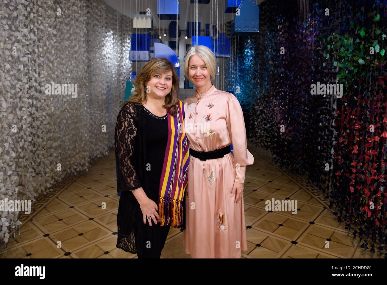 EDITORIAL USE ONLY Cecilia Santamarina de orive from Guatemala the winner of the London Design Biennale 2018 Public Medal, and Justine Simons (right), Deputy Mayor for Culture and the Creative Industries, at Somerset House, London.  Stock Photo