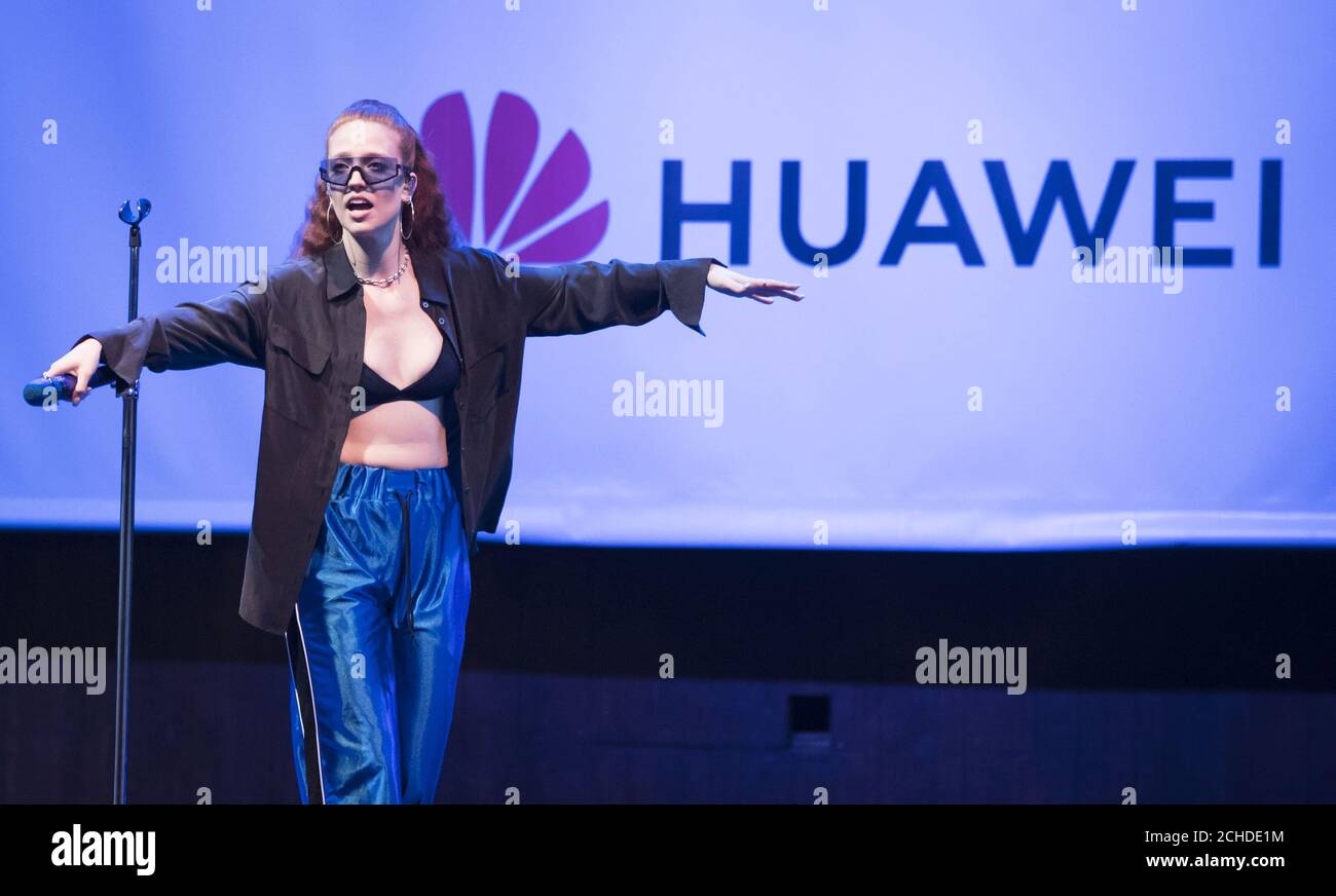 EDITORIAL USE ONLY Jess Glynne performs for fans at the Albert Hall in Manchester, hosted by Huawei & Carphone Warehouse to celebrate the release of the new Mate 20 lite handset. Stock Photo