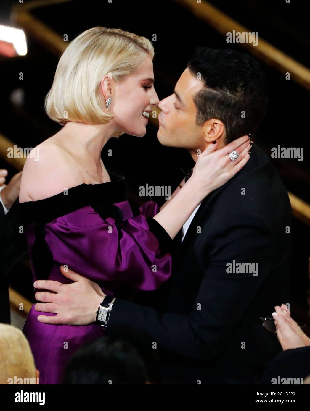 91st Academy Awards - Oscars Show - Hollywood, Los Angeles, California,  U.S., February 24, 2019. Rami Malek kisses Lucy Boynton as he accepts the  Best Actor award for his role in "Bohemian