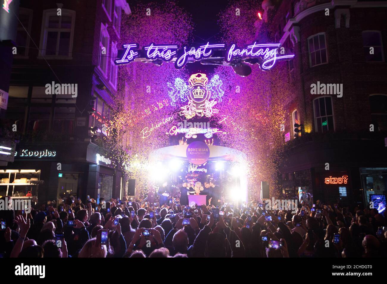 Brian May and Roger Taylor help to launch a light installation celebrating the Queen song Bohemian Rhapsody at Carnaby Street in London. The lights featuring Freddie Mercury's lyrics will illuminate the street until January, in honour of the upcoming movie. Stock Photo