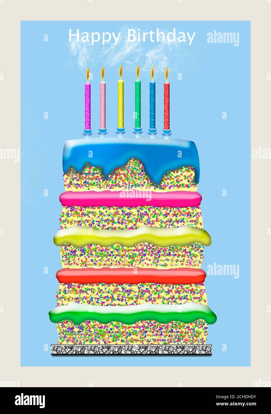 Birthday cake card design digital art illustration tall multi layered cake with 4 jam layers in green orange yellow and red blue icing 6 candles smoke Stock Photo