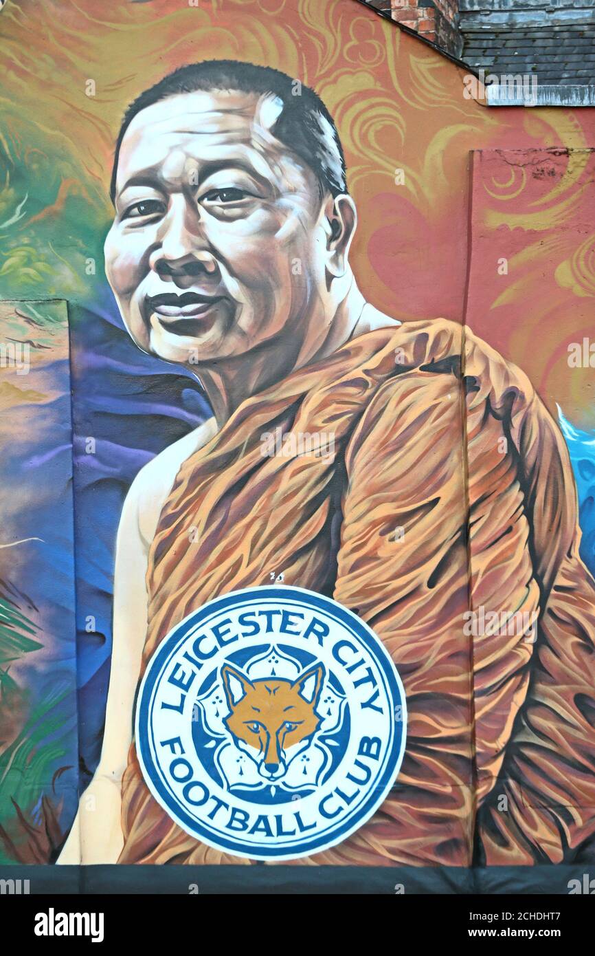 A mural of the Leicester City Foootbal Club owner Vichai Srivaddhanaprabha, following a helicopter in a car park near the stadium shortly after 8.30pm on Saturday evening. Stock Photo