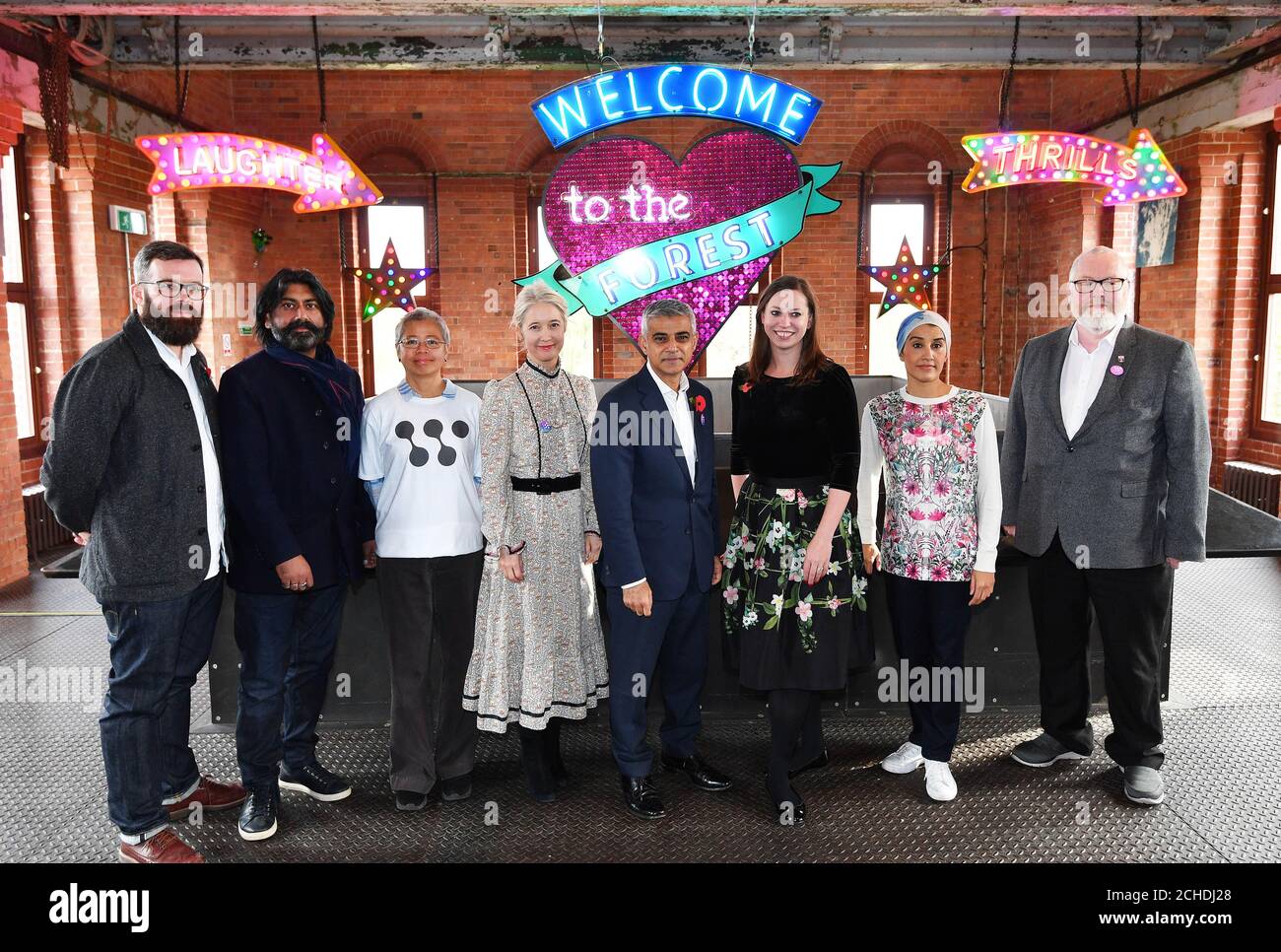 (Left to right) Sam Hunt, Creative Director, Talvin Singh, Belinda Calaguas, Justine Simons, Deputy Mayor for Culture and the Creative Industries, London Mayor Sadiq Khan, Cllr Clare Coghill, Leader of Waltham Forest Council, Zarah Hussain and Cllr Paul Douglas at a press conference to announce the programme for Waltham Forest London Borough of Culture 2019, London. PRESS ASSOCIATION. Photo. Picture date: Tuesday October 30, 2018. The London Borough of Culture award is a major new initiative launched by the Mayor of London, putting culture at the heart of local communities a Stock Photo