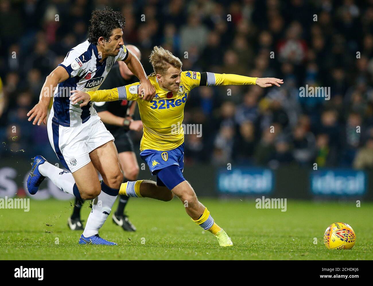 West Bromwich Albions Ahmed Hegazy (left) challenges Leeds Uniteds Samu S‡iz during the Sky Bet Championship match at The Hawthorns, West Bromwich. Stock Photo