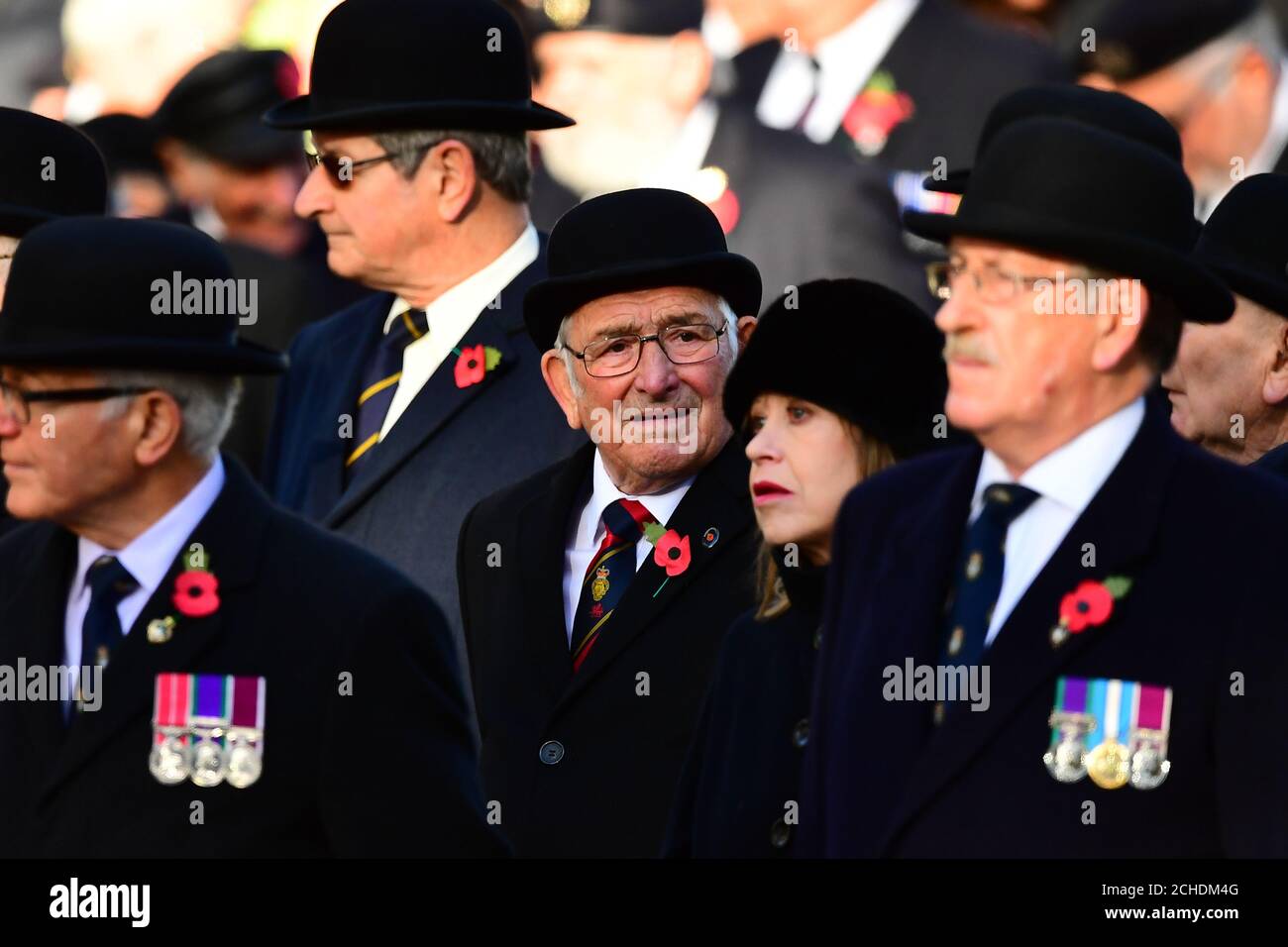 Veterans attend the remembrance service at the Cenotaph memorial in Whitehall, central London, on the 100th anniversary of the signing of the Armistice which marked the end of the First World War. Stock Photo