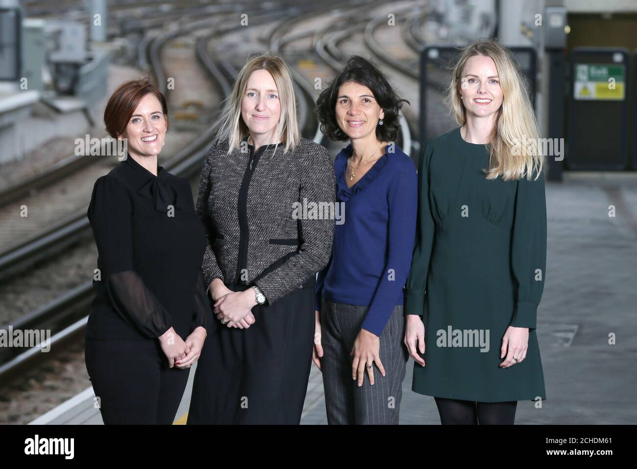 (Left to right) Southeastern's commercial director Diane Burke, train services director Ellie Burrows, finance and contract director Elodie Brian and head of communications Alison Nolan at London Bridge station, as the firm has launched a campaign to encourage women to pursue a career in the rail industry. Stock Photo