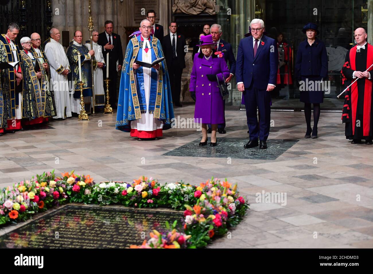 Queen Elizabeth II and German President Frank-Walter Steinmeier attend a National Service to mark the centenary of the Armistice at Westminster Abbey, London. Stock Photo