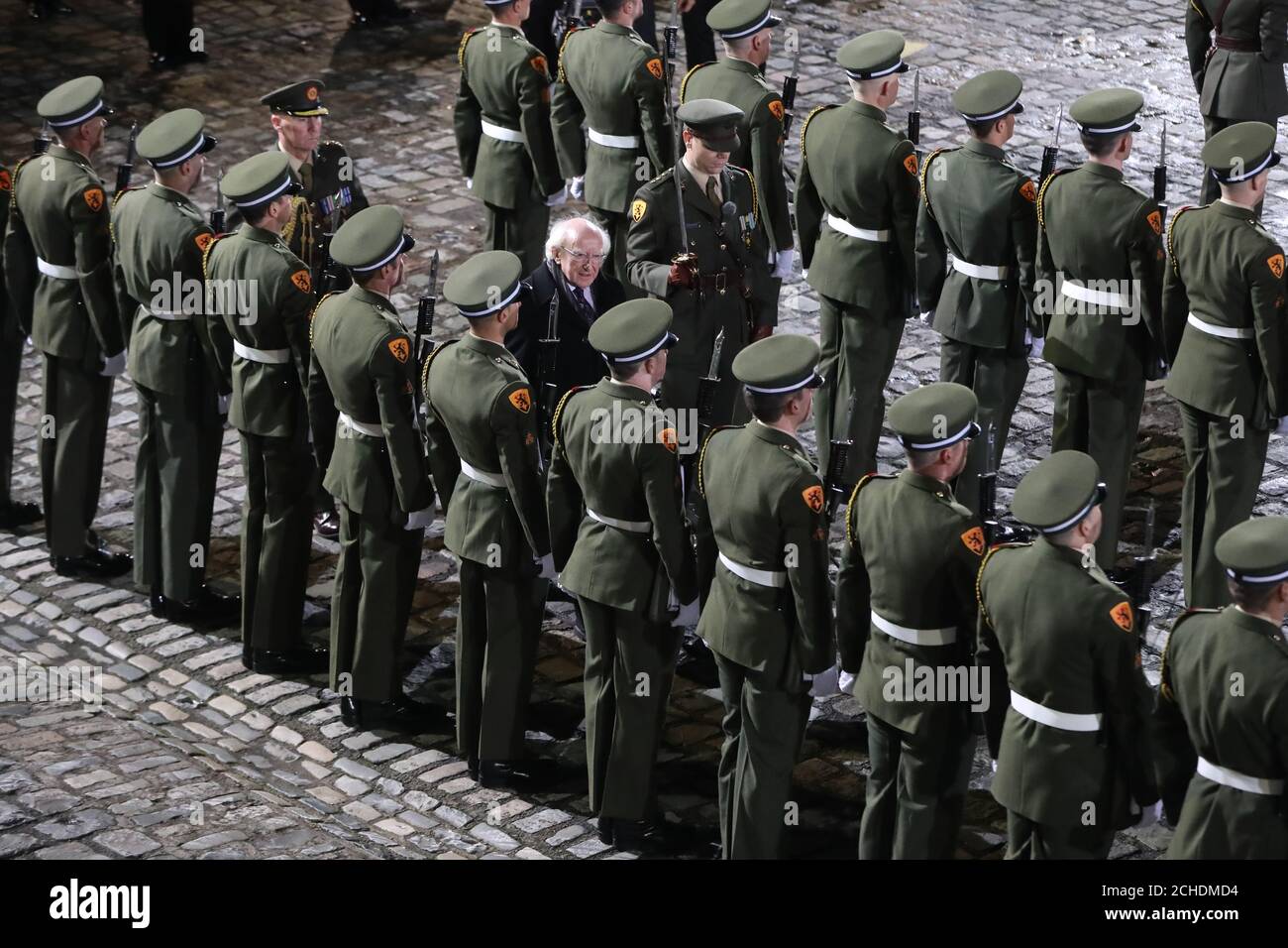 President Michael D Higgins reviews members of the Defence Forces at Dublin Castle after being inaugurated as president for a second term. Stock Photo