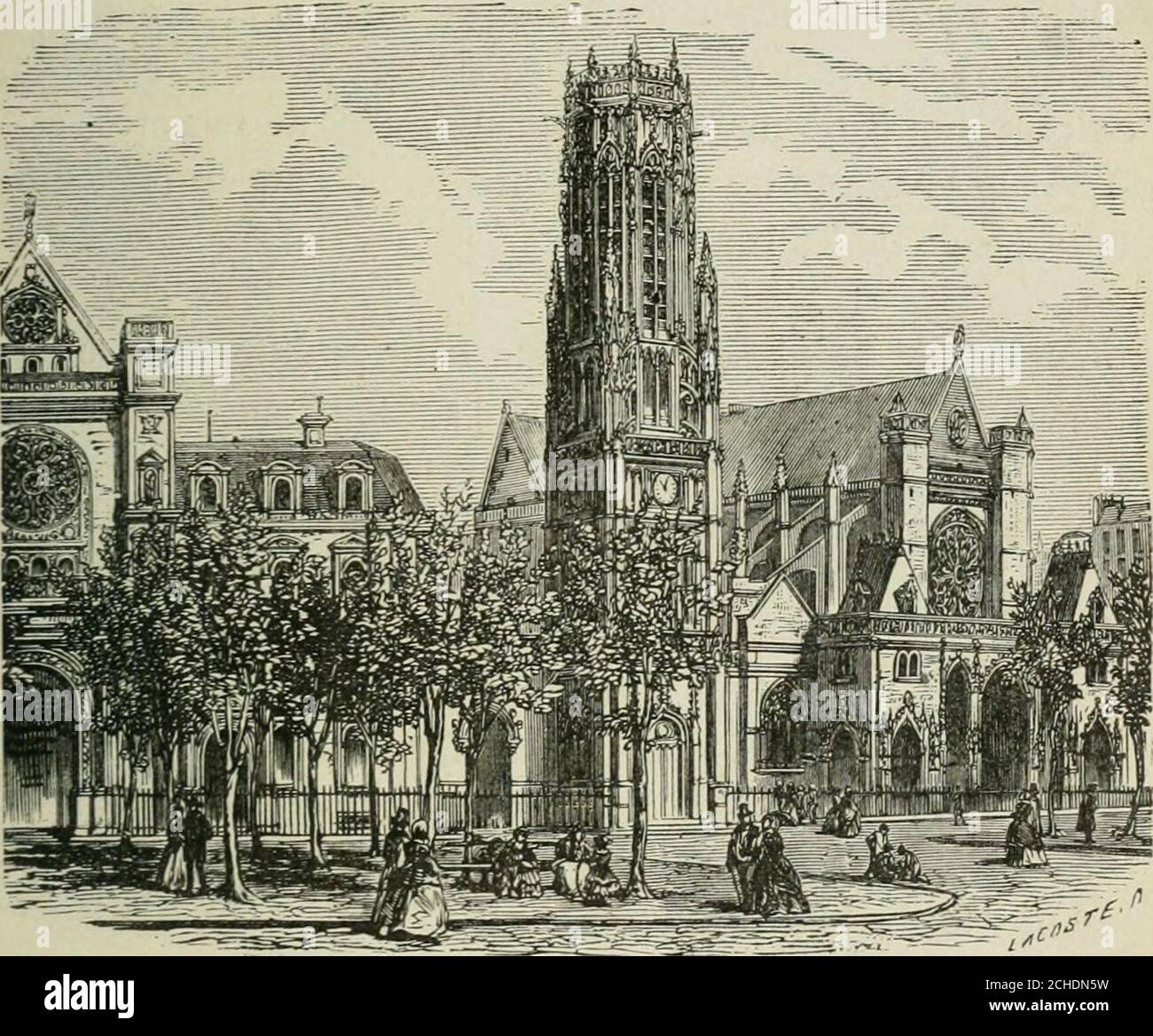 . Les merveilles du nouveau Paris-- . SAINT-GERMAIN LAUXERROIS. 199 peints sur place ; toutes les parois sont couvertes de pein-tures, de dorures ou de sculptures. Léglise Saint-Germain lAuxerrois, place Saint-GermainlAuxerrois, en face la colonnade du Louvre, désignéedabord sous le nom de Saint-Germain le Rond, à cause desa forme, fut achevée, selon toute apparence, par Chil-. Tour Saint-Germaiu lAuxerrois. péric Ier et détruite par les Normands, lorsquils quittèrentles bords de la Seine. Le roi Robert le Pieux la rebâtit,mais lédifice actuel est de beaucoup postérieur. (V. p. 201.)Saint-Germ Stock Photo