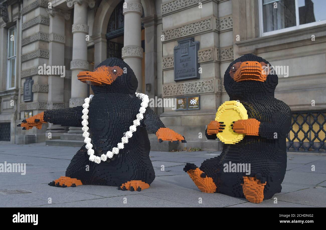 EDITORIAL USE ONLY A LEGO brick Niffler, which is a fan-favourite creature  from the new J.K. Rowling film Fantastic Beasts: The Crimes of Grindelwald,  appear outside the Bank of Scotland to celebrate