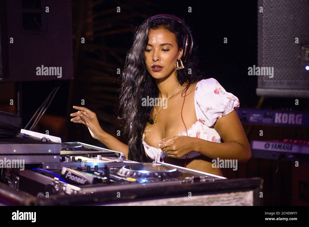 Maya Jama DJing at the launch of Virgin Holidays Departure Beach in Barbados. Stock Photo