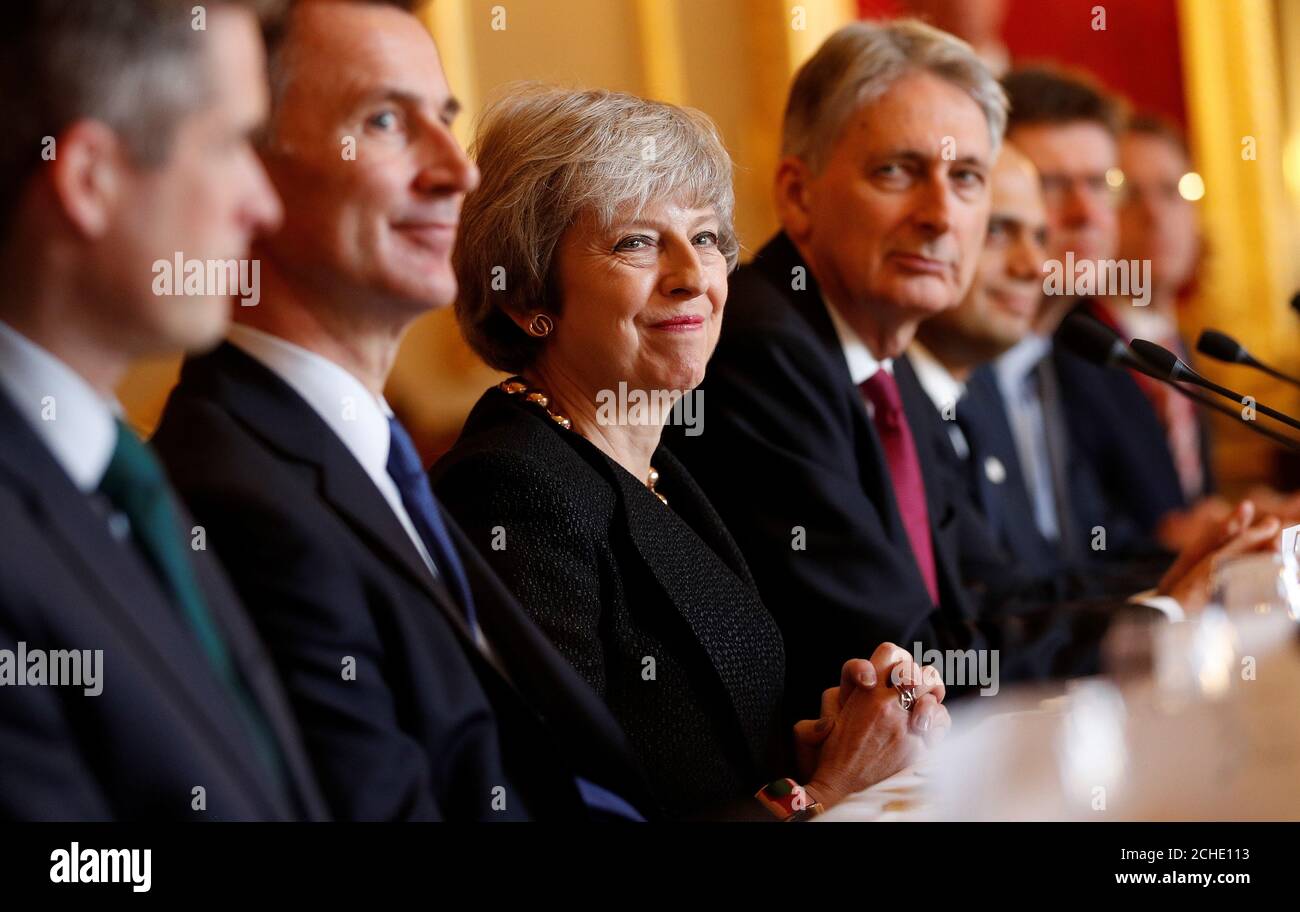 (left to right) Foreign Secretary Jeremy Hunt, Prime Minister Theresa May, Chancellor of the Exchequer Philip Hammond, Home Secretary Sajid Javid and Business Secretary Greg Clark during the UK-Poland Inter-Governmental Consultations at Lancaster House, London. Stock Photo
