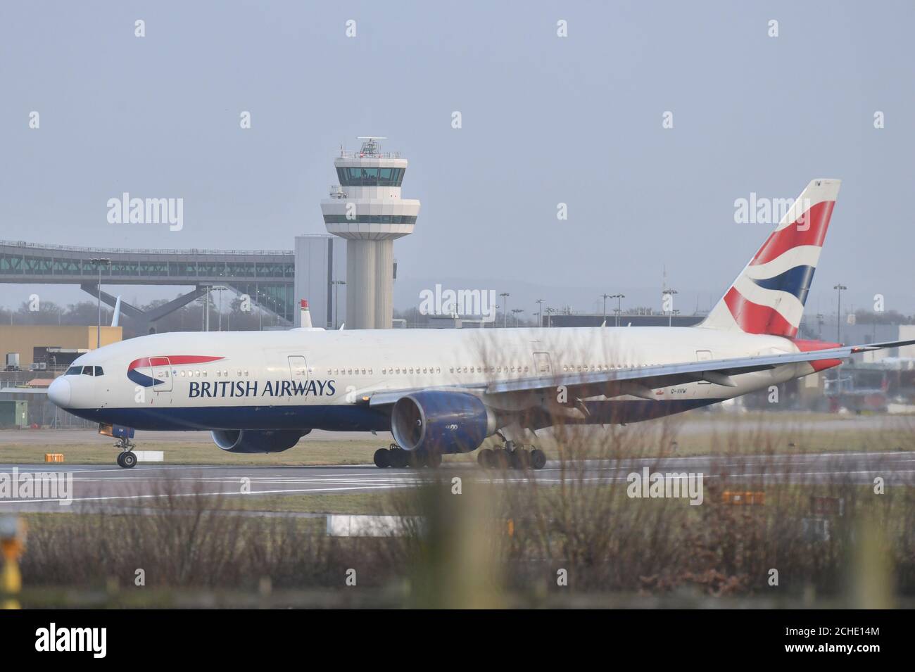 A British Airways plane lands at Gatwick airport which had been closed after drones were spotted over the airfield Wednesday night and throughout Thursday. Stock Photo