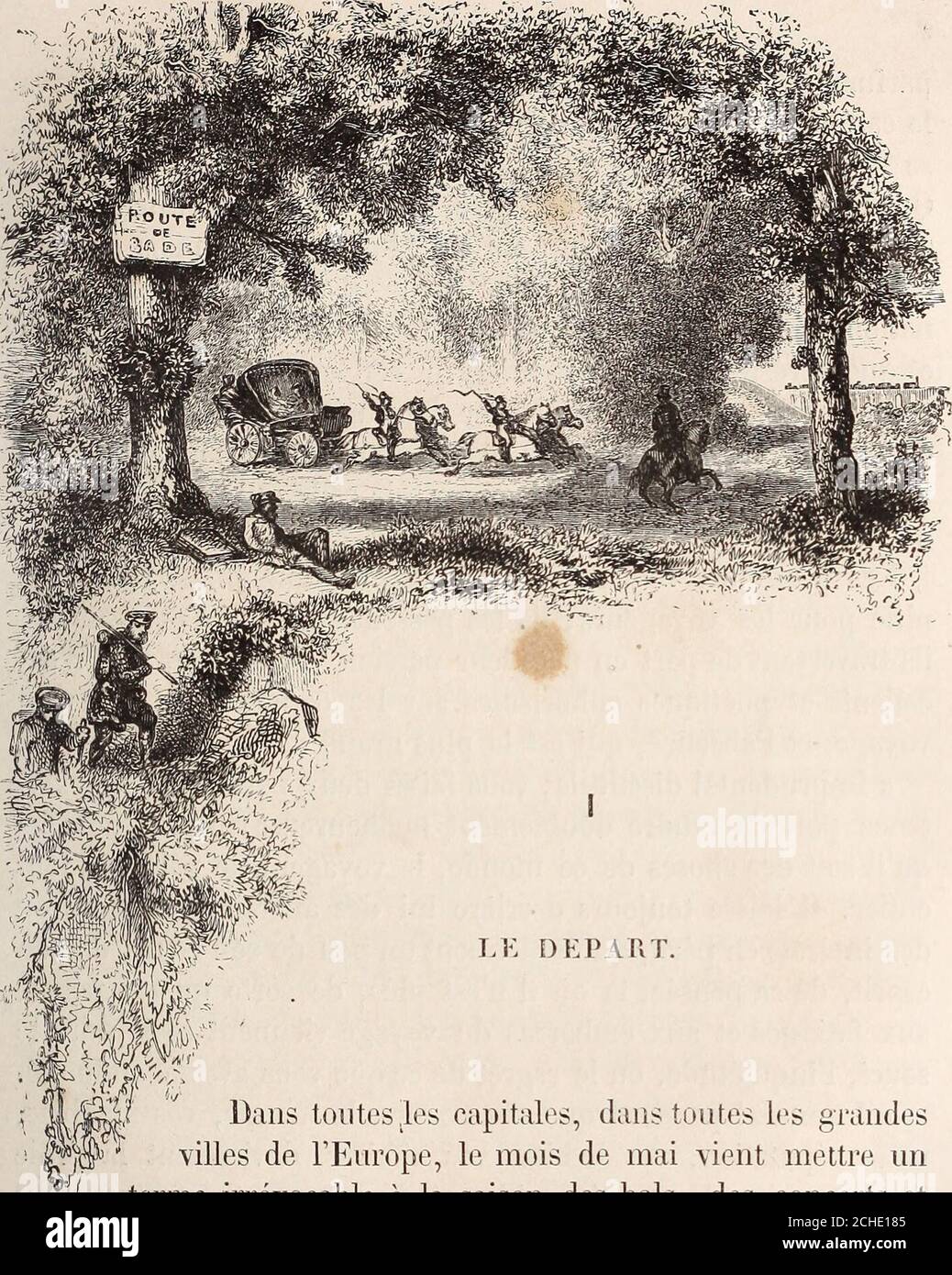 . L'été à Bade . Le nouveau pont du Rhin. Bill. LE DEPART. Dans toutes,les capitales, dans toutes les grandesvilles de lEurope, le mois de mai vient mettre unterme irrévocable à la saison des bals, des concerts etdes fêtes. Le beau inonde peut bien faire commencer lhiver aumilieu de lautomne et le prolonger jusquau milieu du printemps,en dépit des lois de la nature et des prescriptions du calendrier ;mais il est une limite où sarrêtent lélan des plaisirs et le pou-voir des envahisseurs. Le printemps ne demande pas mieux quedéclore au bruit des violons ; ses premiers rayons luttent timi-deme Stock Photo