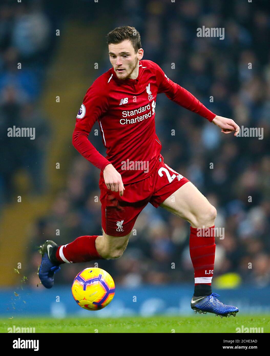 Liverpool's Andrew Robertson during the Premier League match at the Etihad Stadium, Manchester. Stock Photo