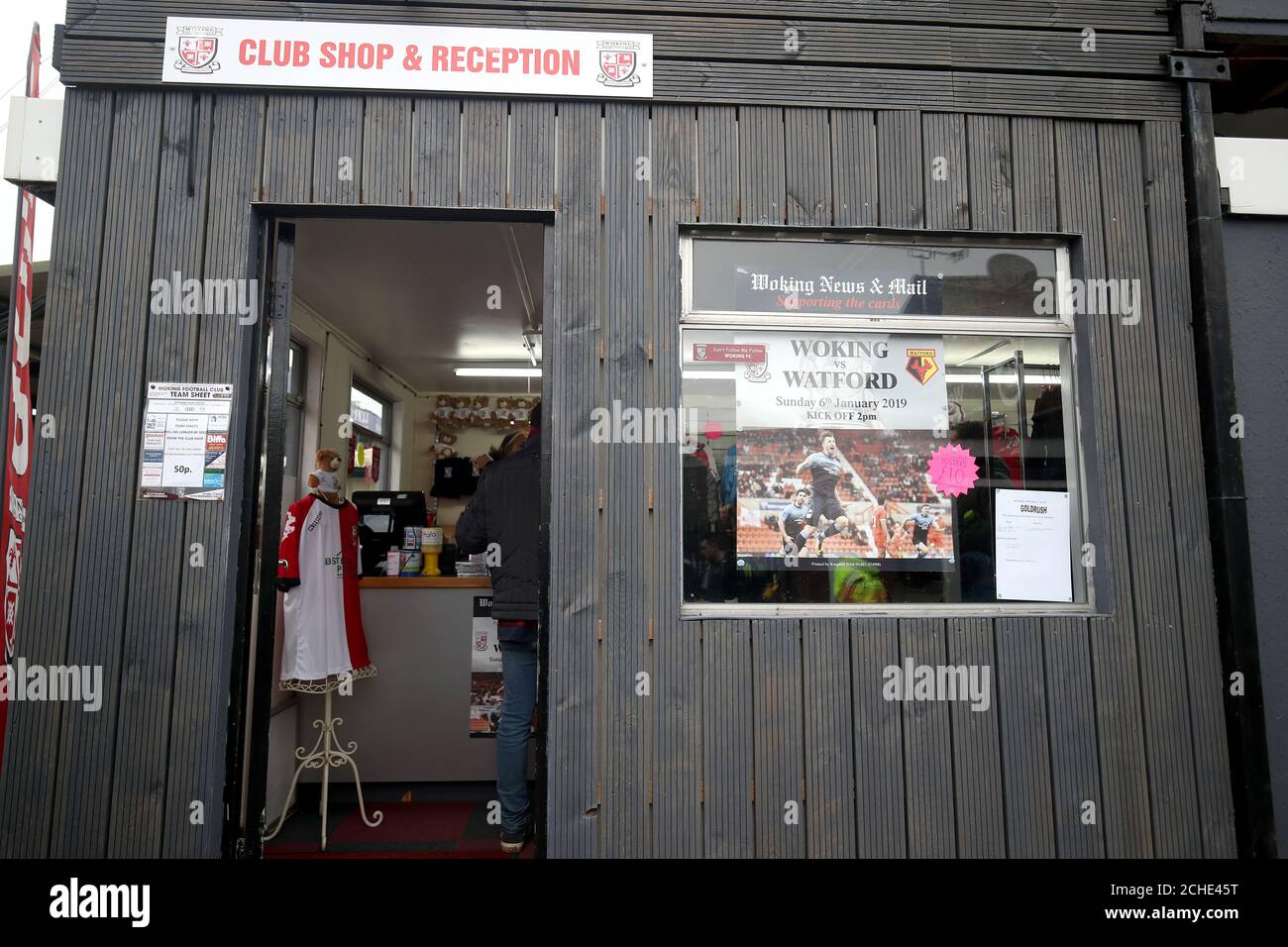 A view of the club shop and reception before the Emirates FA Cup, third round match at the Laithwaite Community Stadium, Woking. Stock Photo