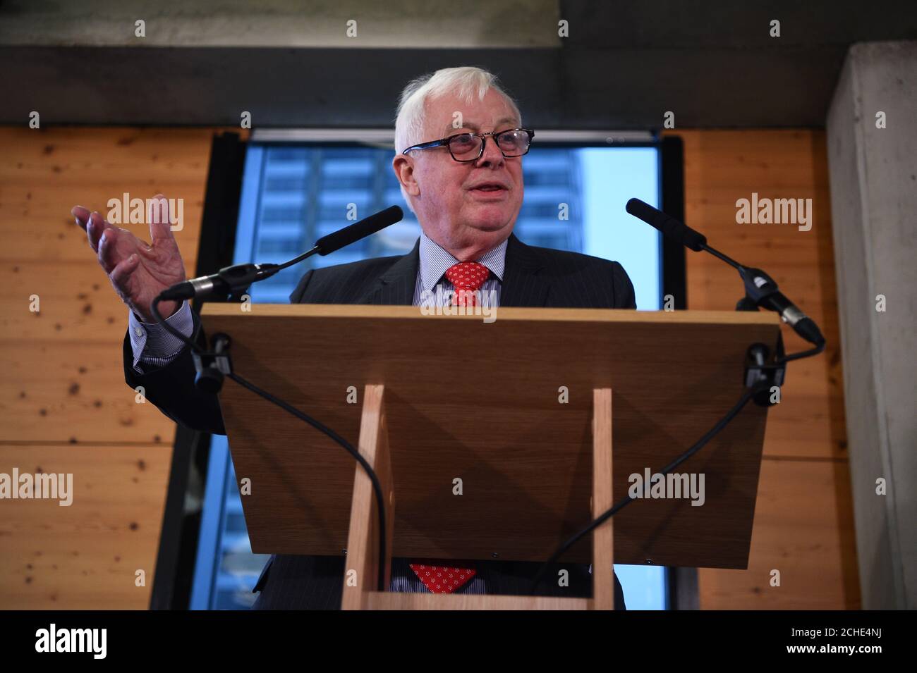 Former Tory minister and Hong Kong governor Lord Patten speaking during a People's Vote event at Coin Street Neighbourhood Centre, central London. Stock Photo