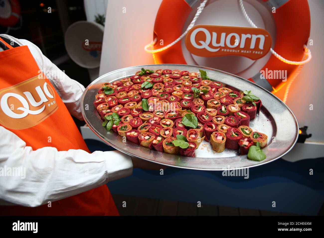 Quorn canapŽs during the launch of Quorn new Vegan Fishless Fillets range, which it sets its sights on the high seas with a healthy and sustainable take on British classics Stock Photo