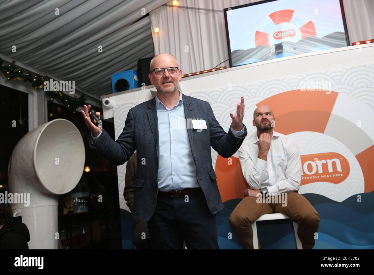 Technical Director Quorn Geoff Bryant speaks during the launch of Quorn new Vegan Fishless Fillets range, which it sets its sights on the high seas with a healthy and sustainable take on British classics Stock Photo