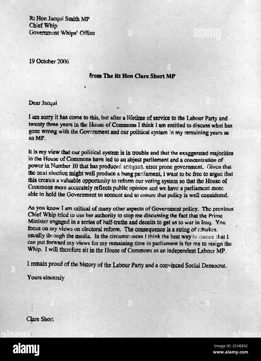 The resignation letter of former Cabinet minister Clare Short who today quit as a Labour Party MP. Stock Photo