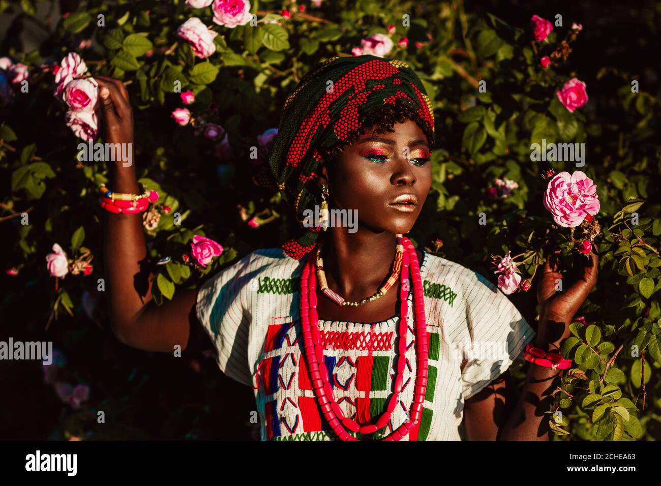 cropped image of african female fashion model in national costume, jewellry, turban and make up posing in garden of roses, bright daylight sun. Stock Photo