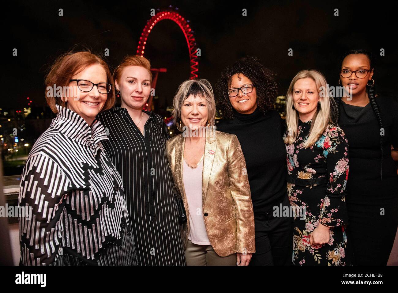 (Left to right) Julia Gillard, former Prime Minister of Australia, Silke Grygier, founder of the Survivor's Collective, Jude Kelly, founder of WOW - Women of the World, Mandu Reid, founder of The Cup Effect, Jemma Read, Head of Philanthropy at Bloomberg and activist Nimco Ali at an event to launch The WOW Foundation and announce Bloomberg as the first Global Founding Partner ahead of WOW - Women of the World Festival 2019, London. Stock Photo