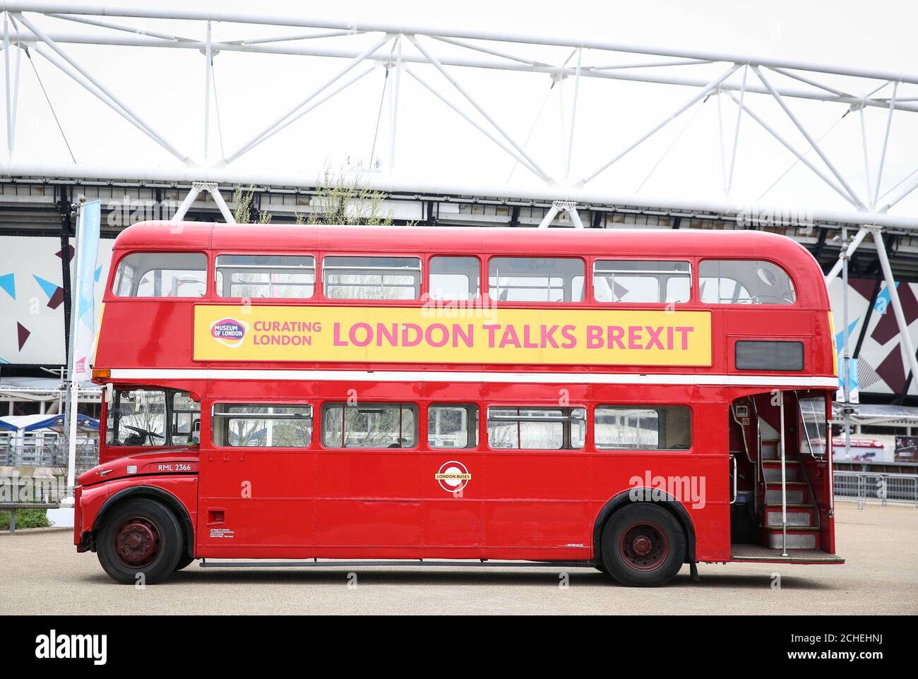 EDITORIAL USE ONLY A bus launches the Museum of London???s Brexit Talks, a project that will record Londoner's views on the most discussed subject of our time and is part of Curating London, which is a four-year contemporary collection launched by the museum, at the Queen Elizabeth Olympic Park.  Stock Photo