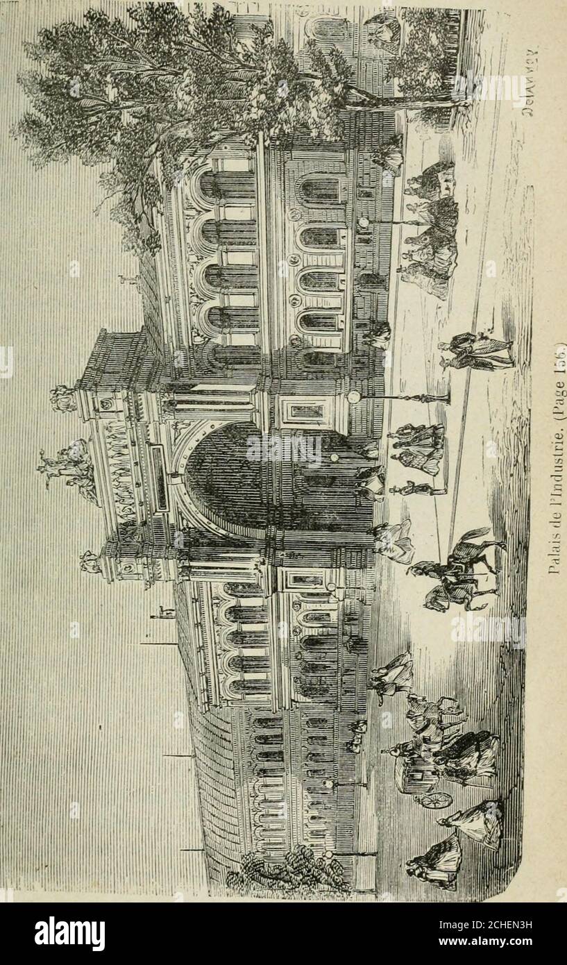 . Les merveilles du nouveau Paris-- . a note. On affir-mait tout récemment en bon lieu quil la devait encore. Le palais de lIndustrie est situé aux Champs-Elysées, à Paris, sur remplacement qui porte le nom de carré Mari-gnv. Ce palais, quon éleva en 1854 pour servir aux expo-sitions et aux fêtes nationales, fut construit sur les plansdes architectes Yiel et Barrault. Sa forme représente unrectangle dont la longueur est de 124 mètres et la largeurde 108. Safaçade, percée de cent fenêtres, comprend un rez-de-chaussée et un étage. Les façades latérales sont ornéesde pavillons. Li Stock Photo