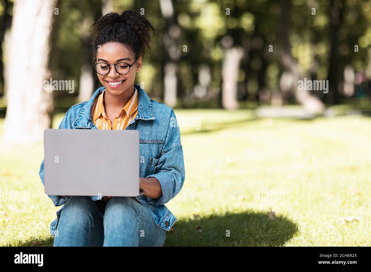 African American Student Girl Using Laptop Computer Sitting In Park ...