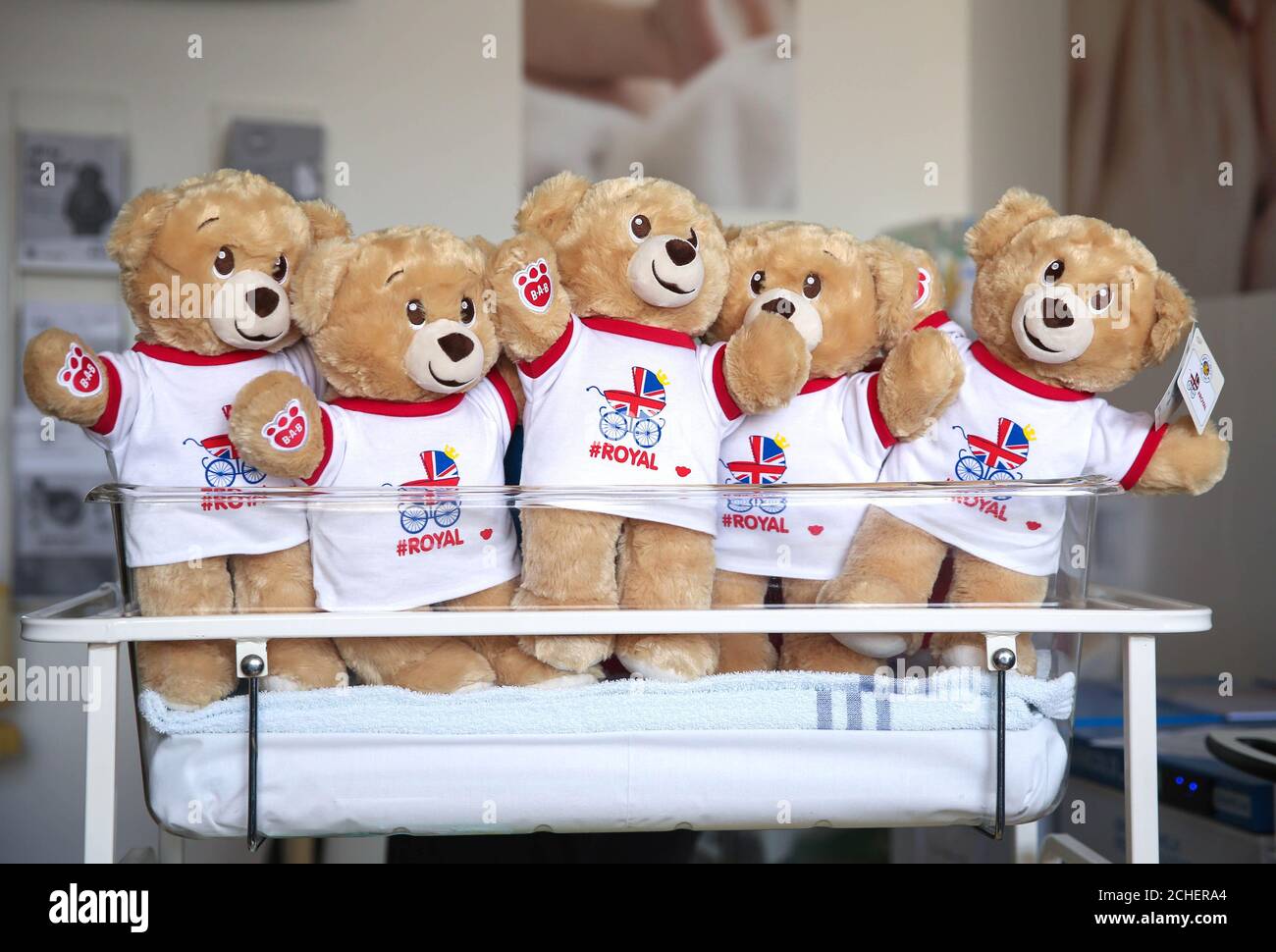 EMBARGOED TO 0001 WEDNESDAY MAY 8 EDITORIAL USE ONLY A delivery of toy bears arrive at the Royal Surrey County Hospital in Guildford as the Build-A-Bear workshop celebrates the historic birth of the latest royal by delivering 1,000 bears to new-borns at 10 royal hospitals, infirmaries and maternity units across the UK.  Stock Photo