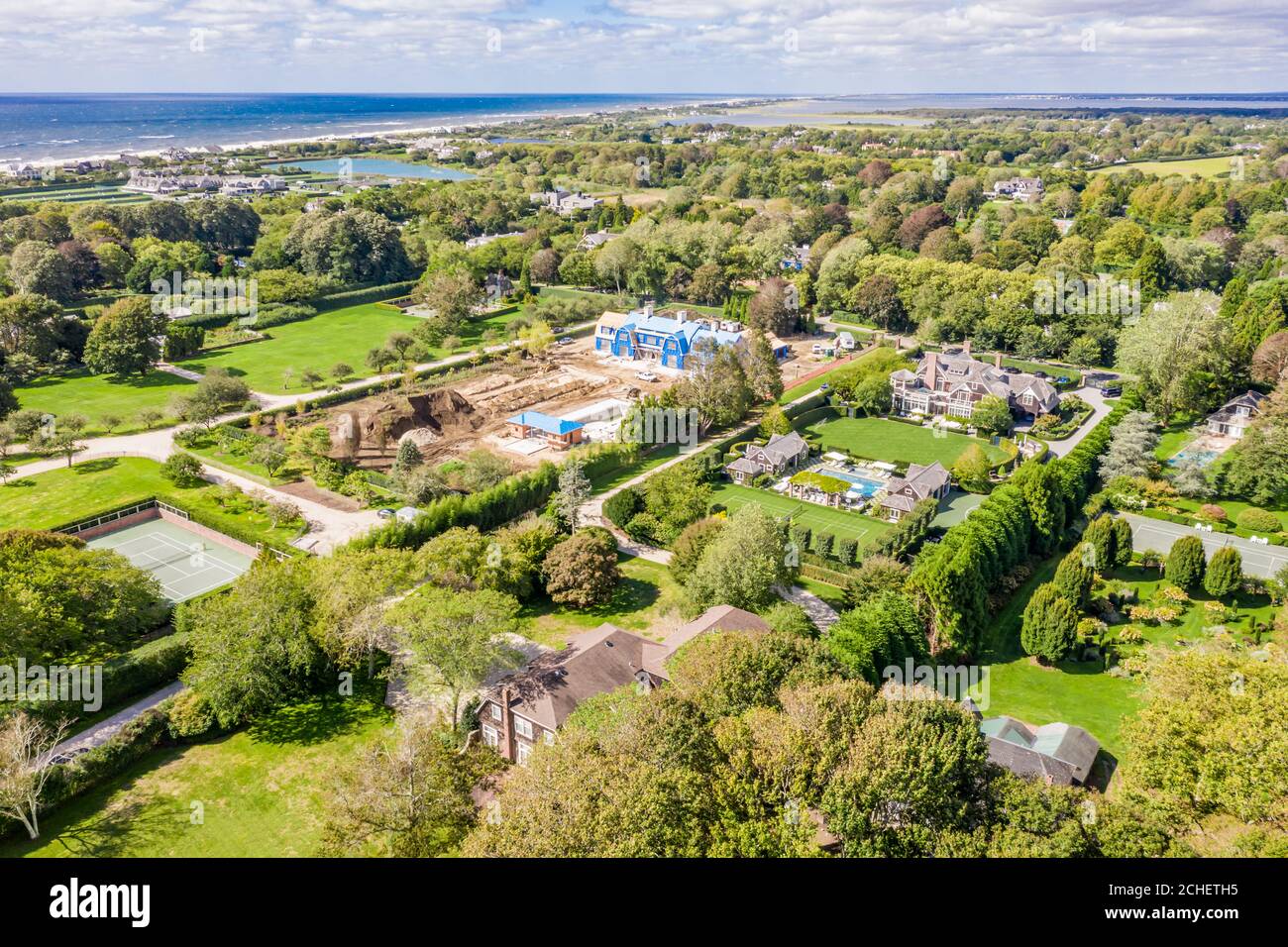 Aerial view of a large Southampton estate under construction on First Neck Lane, Southampton, NY