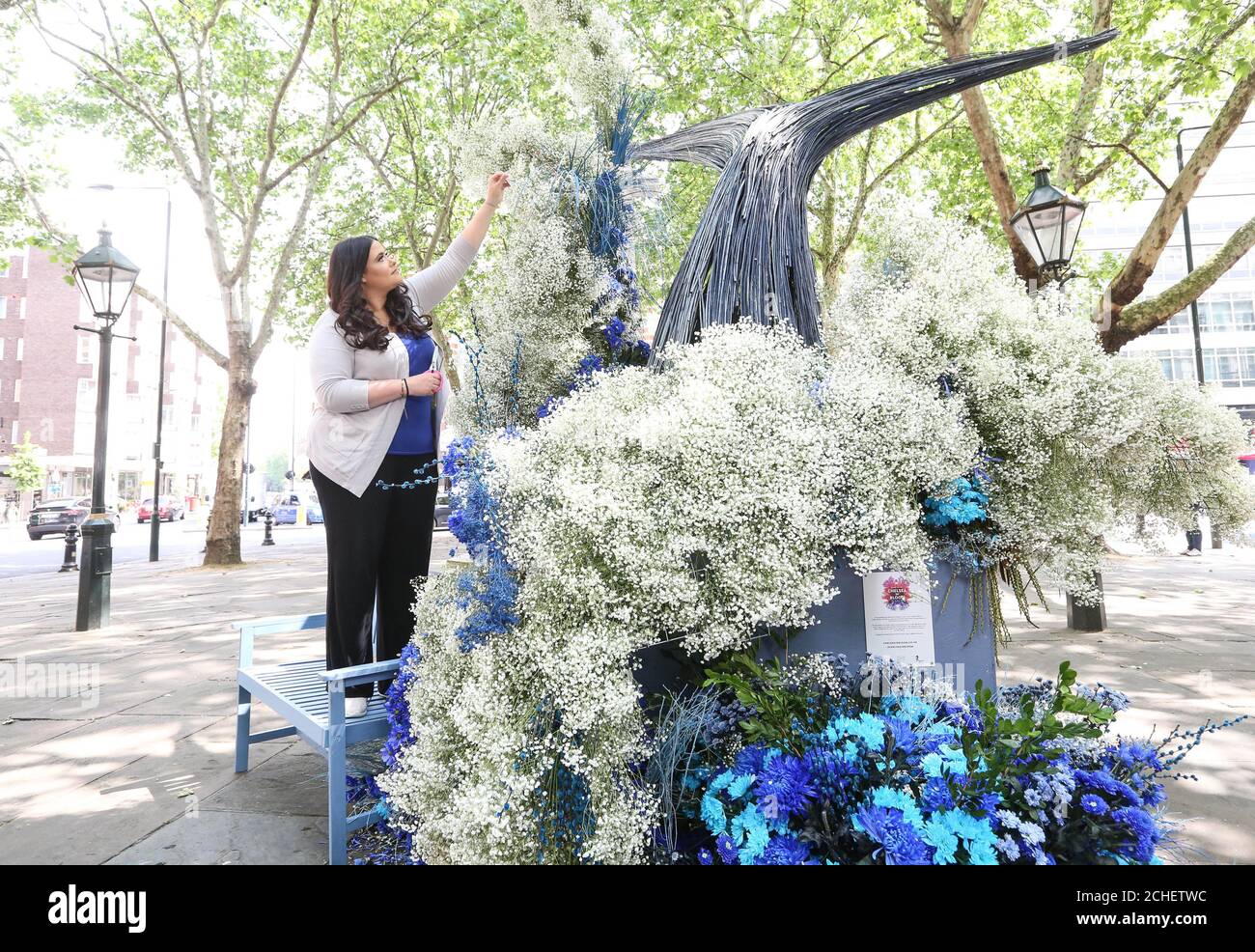 EDITORIAL USE ONLY Ruth Davis (All For Love London) puts finishing touches to a Blue Whale tale at the Coral Reef Display on Sloane Square at this year’s Chelsea in Bloom, London’s largest free flower festival in London. Stock Photo