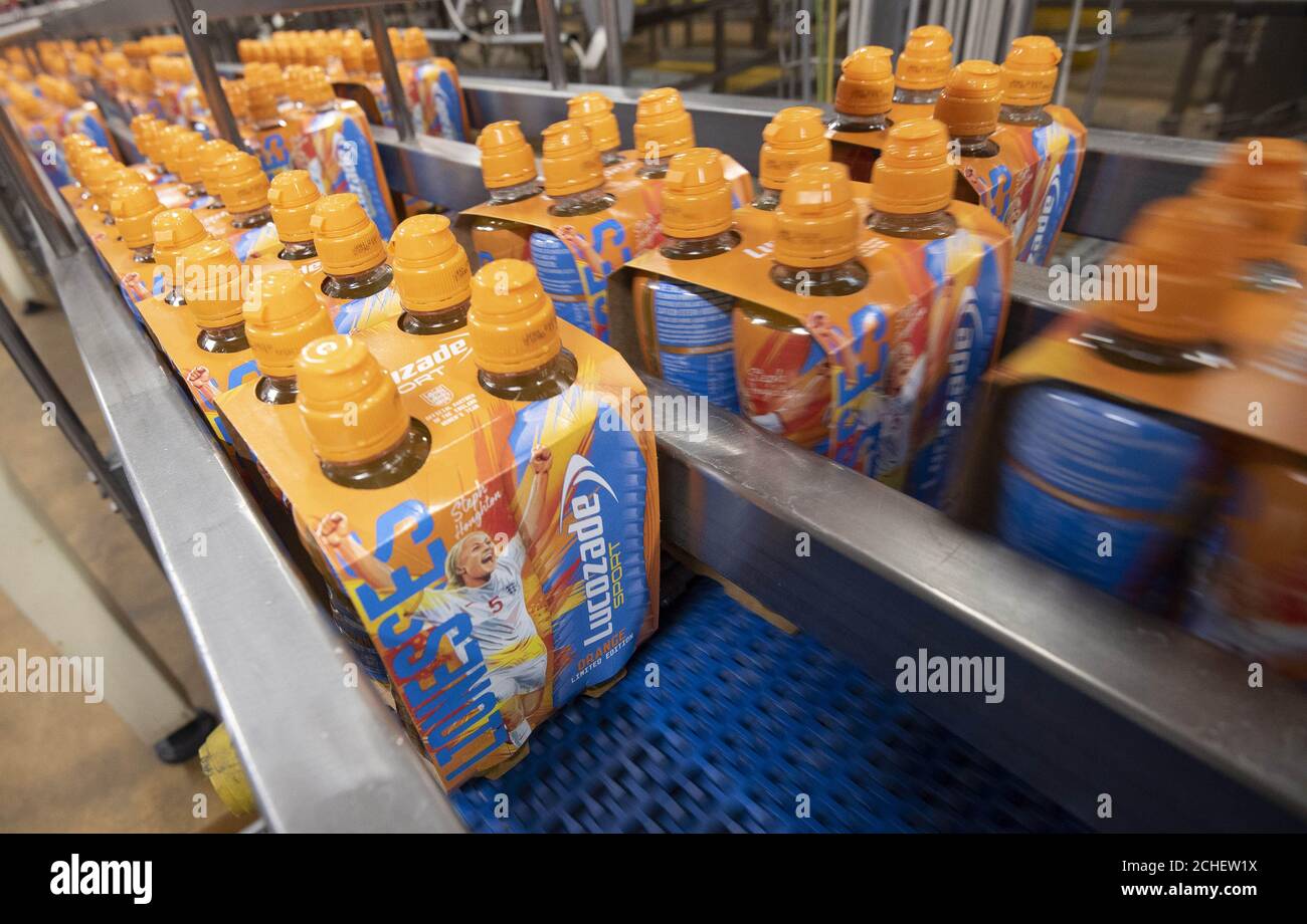 Drinks bottles celebrating England women’s football stars, created by Lucozade Sport in support of the England Lionesses and the women’s game in general. Stock Photo