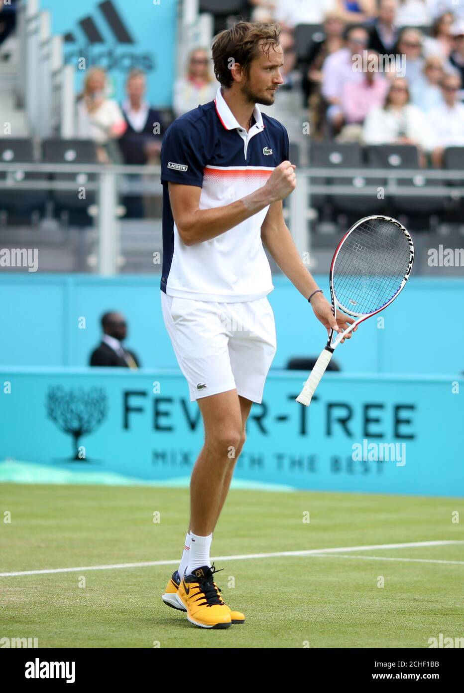 Daniil Medvedev celebrates beating Diego Schwartzman during day five of the Fever-Tree Championship at the Queen's Club, London. Stock Photo