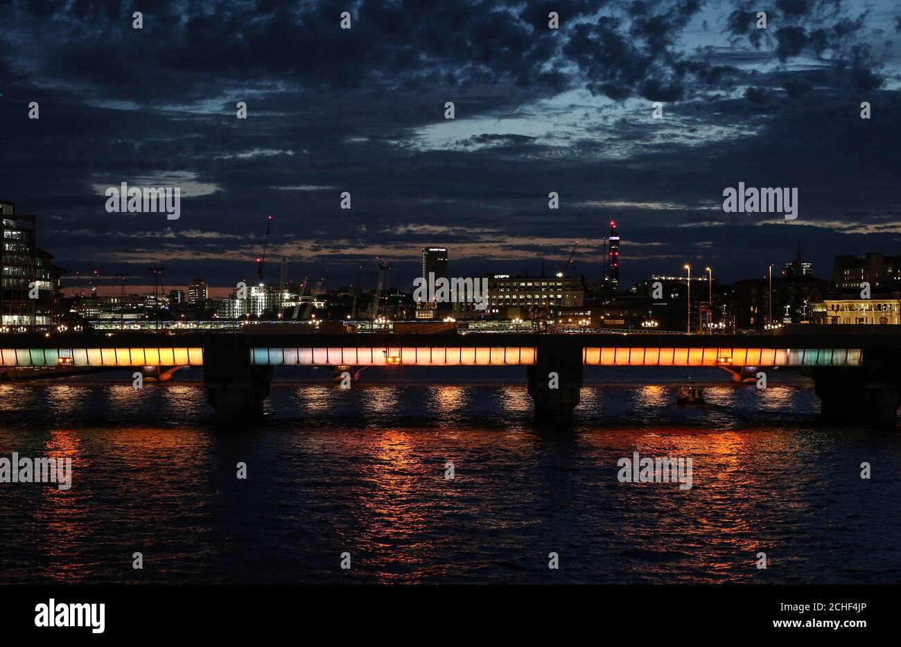 A general view of Cannon Street Railway Bridge, which is one of the four bridges that have been transformed to launch the first phase of Illuminated River, an ambitious new public art commission for London that will eventually see up to 15 bridges lit along the Thames. PRESS ASSOCIATION. Issue date: Wednesday July 17, 2019. Conceived by American artist Leo Villareal, and British architectural practice Lifschutz Davidson Sandilands, Illuminated River is a philanthropically-funded initiative supported by the Mayor of London and delivered by the Illuminated River Foundation. It Stock Photo
