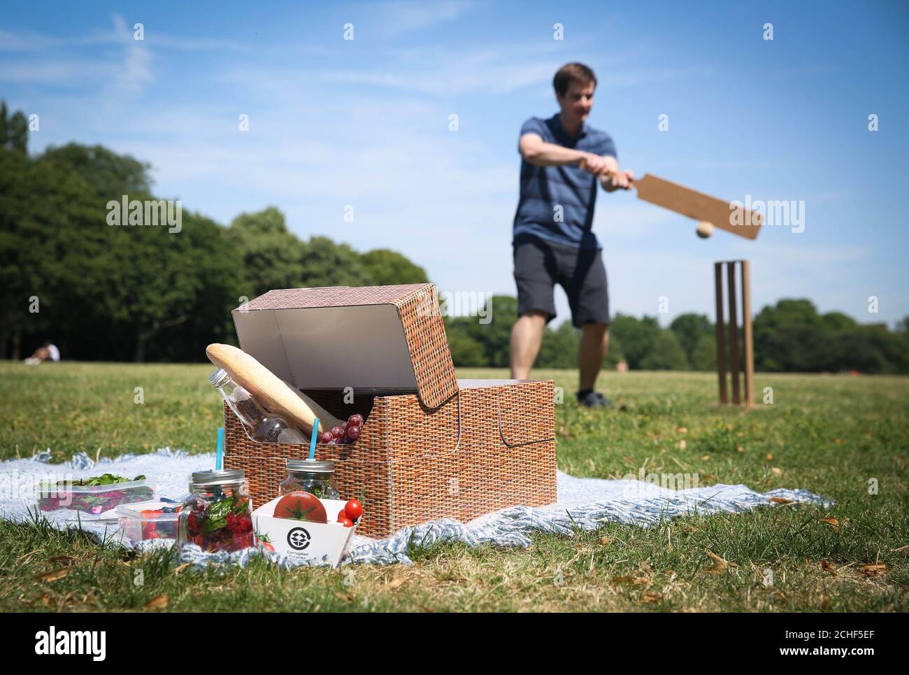 EDITORIAL USE ONLY A picnic basket, cricket bat and stumps made from  recycled cardboard created by DS Smith are demonstrated in Regents Park,  London Stock Photo - Alamy