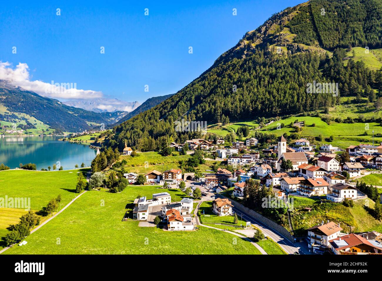 Graun im Vinschgau, a town on Lake Reschen in South Tyrol, Italy Stock Photo