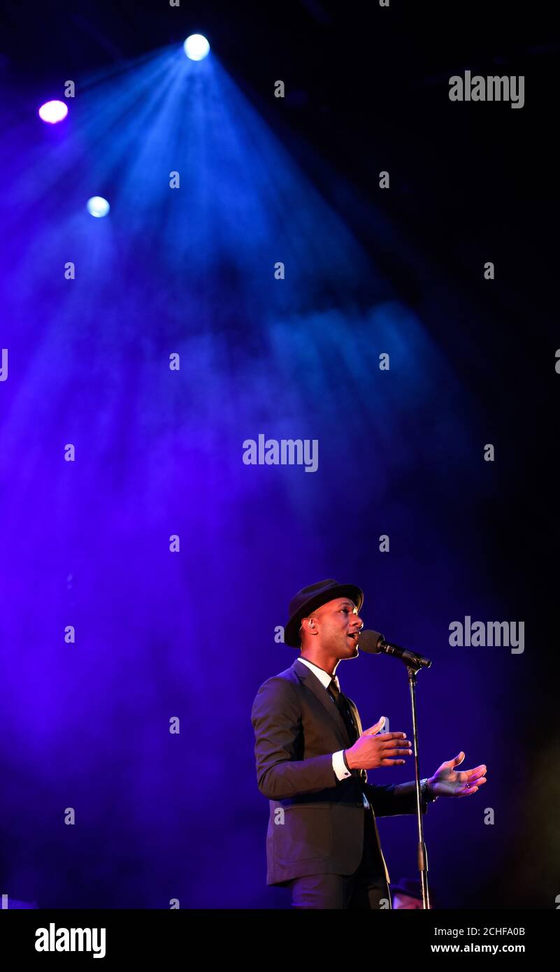 EDITORIAL USE ONLY Singer-songwriter Aloe Blacc performs at A Night of American Music, hosted by Brand USA to celebrate the opening of Travel Week Europe 2019, at the Royal Opera House in London. Stock Photo