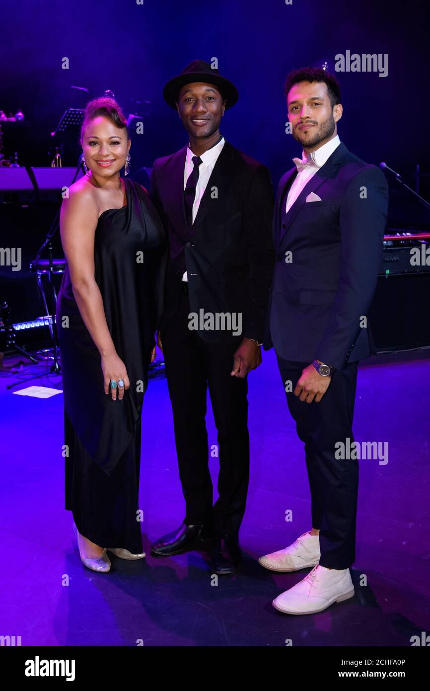 (left to right) Robin Barnes, Aloe Blacc and Omar Aragones, at A Night of American Music, hosted by Brand USA to celebrate the opening of Travel Week Europe 2019, at the Royal Opera House in London. PA Photo. Picture date: Monday September 9, 2019. Photo credit should read: Jonathan Hordle/PA Wire Stock Photo